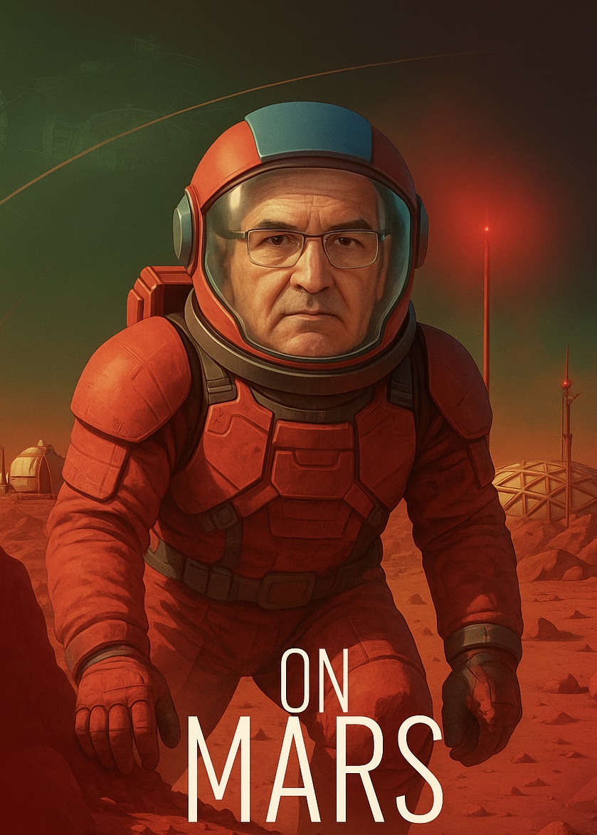 René im On-Mars-Look – Brettspiel-Atmosphäre